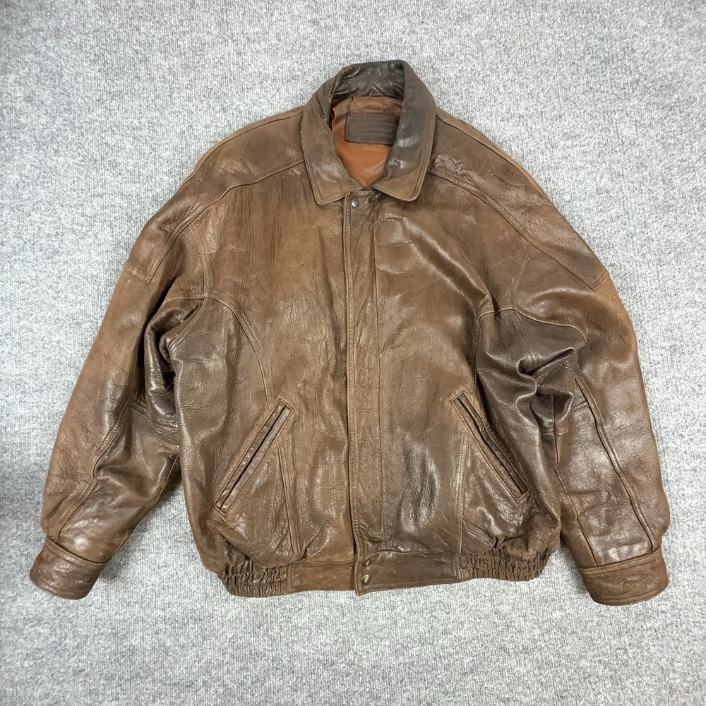 Leather Jacket Mens 2XL Brown Bomber Full Zip Elastic Hem Insulated Lined